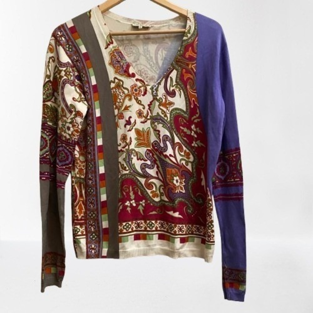 ETRO Silk Collage Print Lightweight Sweater Multicolor Paisley Size US 12 - Picture 2 of 5